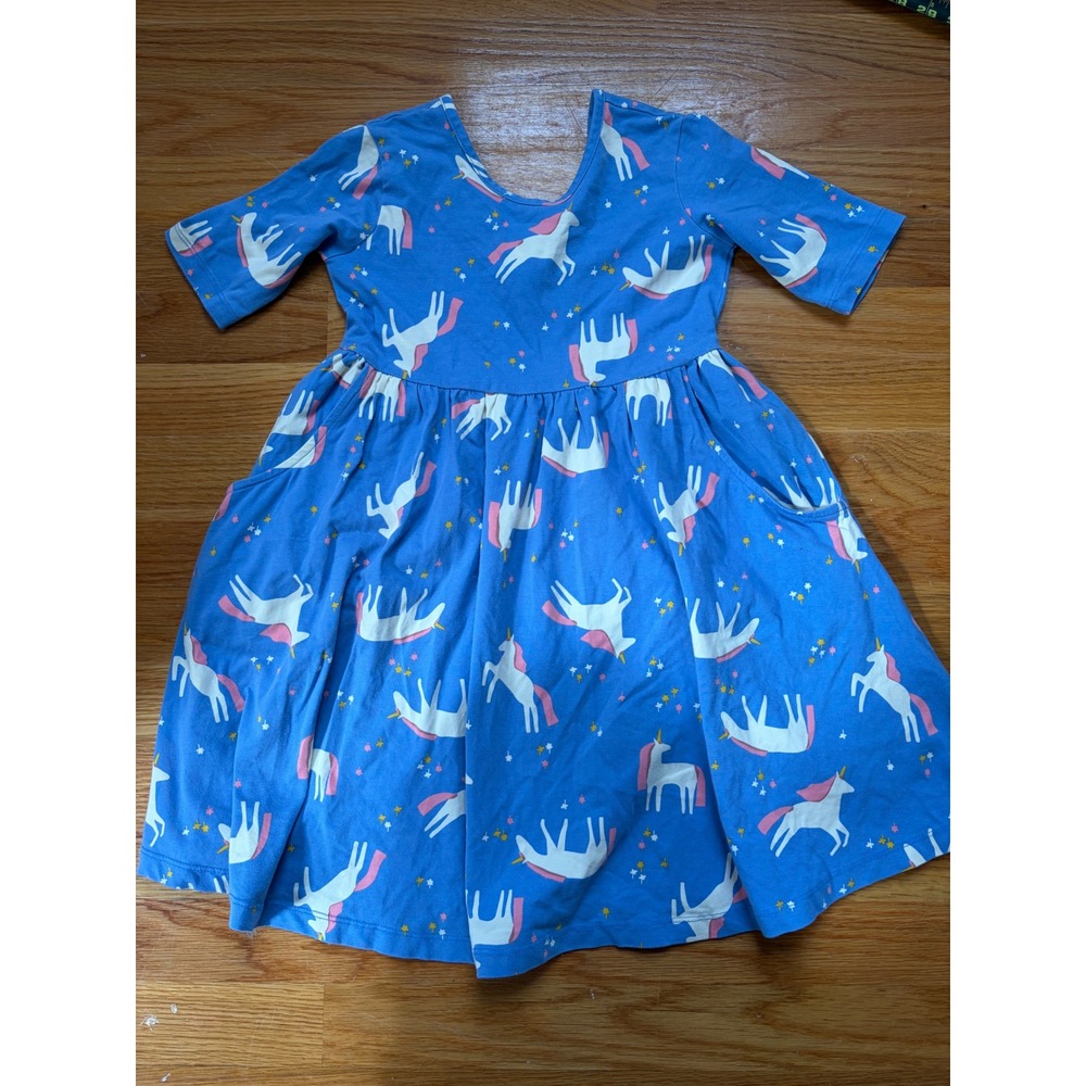 Hanna Andersson Girls Blue Unicorn Organic Cotton Pocket Dress Size 120 6-7